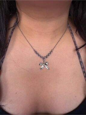 Silver Bow Pendant Necklace Stainless Steel